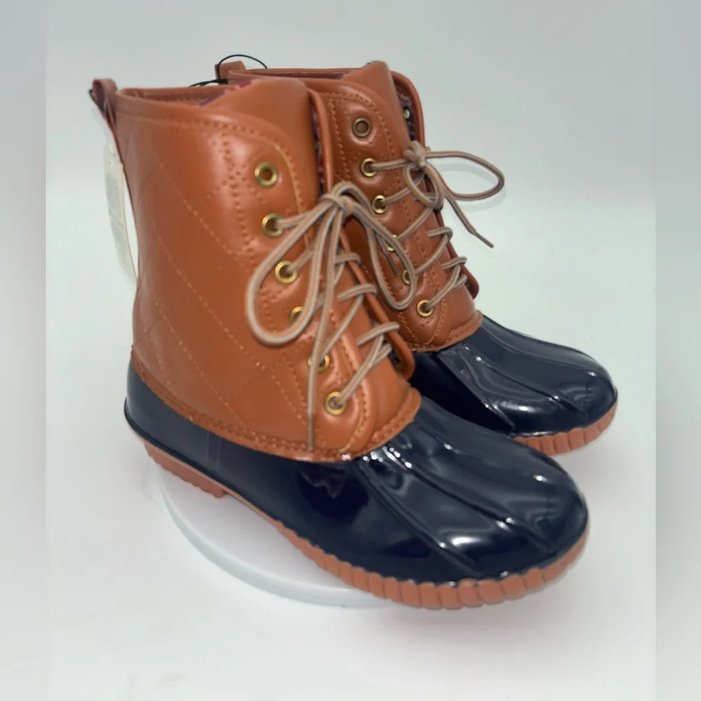 NEW Duck Boots Navy Blue Brown Youth Womens 5 Plaid Lace-Up Waterproof Fisherman